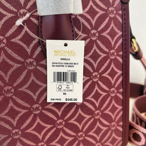Michael Kors Purse Mirella Small Metallic Logo Jacquard Crossbody Bag Oxblood - Picture 5 of 10
